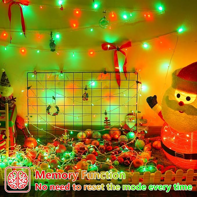 YEGUO Battery Operated String Lights, 2 Pack Each 33ft 100 LED Twinkle Fairy Lights Outdoor Waterproof, 8 Modes Clear Wire Red and Green Christmas Lights Indoor with Remote