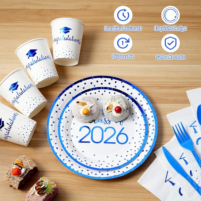 350pcs Class of 2026 Graduation Plates and Napkins Set, Disposable Paper Plate Set Polka Dots Napkins Cups Knife Fork Spoon for Graduation Party Decorations and Supplies,Serve 50 (White Blue）