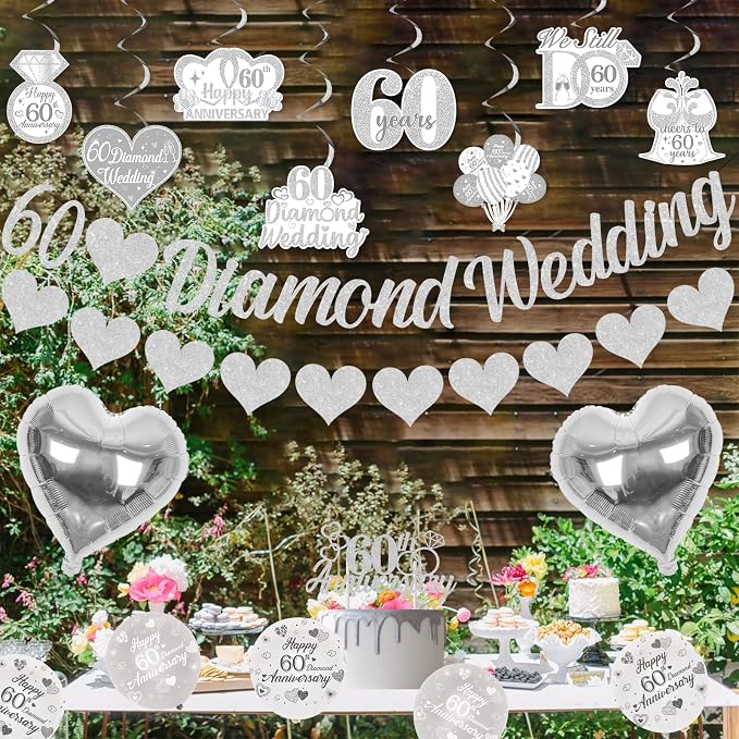 60th Diamond Wedding Anniversary Decorations, Glitter Banner, Cake Topper, Hanging Swirl, Silver Heart-shaped Love Foil Balloons, Festival Celebration Party Supplies Sets