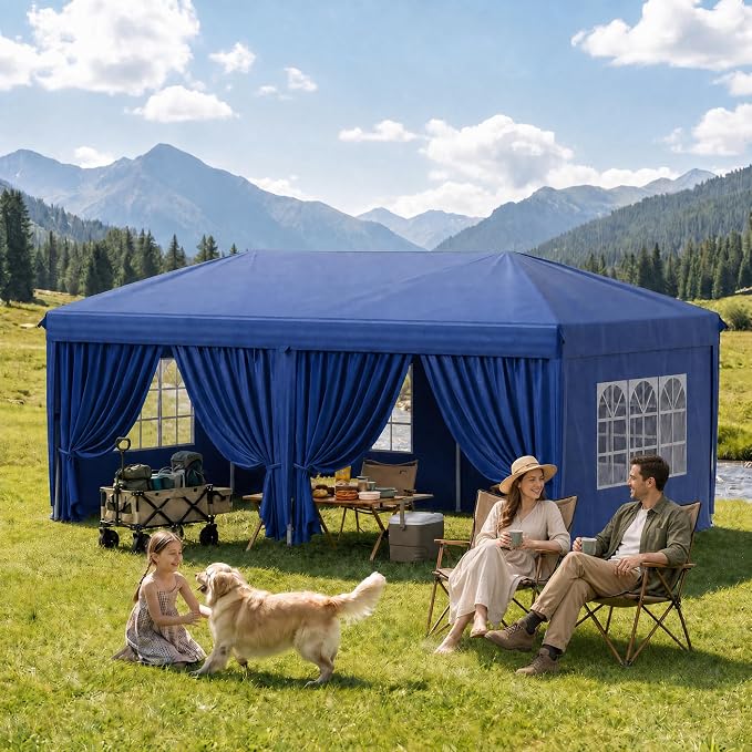 KIGOTY 10x20 FT Portable Pop Up Canopy Tent, Adjustable Height Instant Gazebo with Sidewalls, Sandbags, Waterproof Outdoor Canopy for Camping, Parties, Vendor Events (Blue, 3m × 6m with sidewalls)