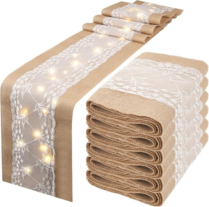 Xinnun 6 Pack Burlap Table Runner with Warm LED Lights,Rustic Lace Wedding Table Decor,Boho Farmhouse Jute Runner for Reception Bridal Shower Party(Fashion,12x70 Inches)