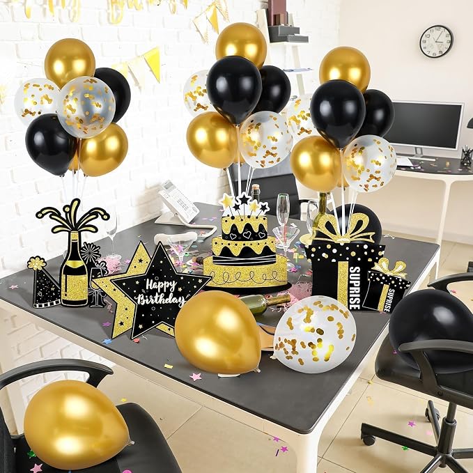 6 Sets Birthday Balloon Stand Kit for Table Happy Birthday Black Gold Balloon Centerpiece Decor Black and Gold Balloon Stand Kit for 40th 50th 60th 70th Birthday Party Decoration