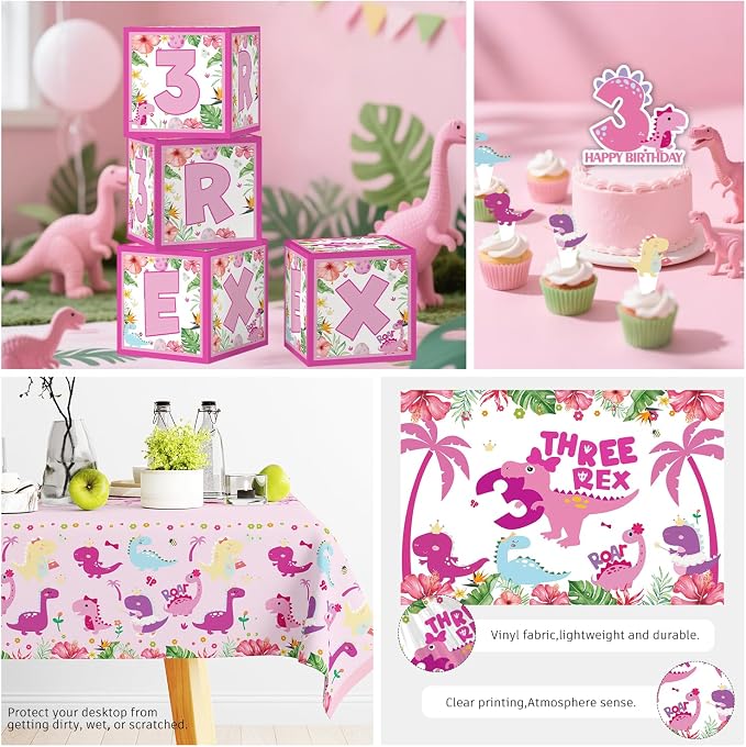 314Pcs Three Rex Birthday Decorations Serves 25 Guests, All-in-One Pink Dinosaur Birthday Decorations Includes Balloon Arch Kit, Banner, Plates, Balloons Box, Tablecloth, Cake Topper