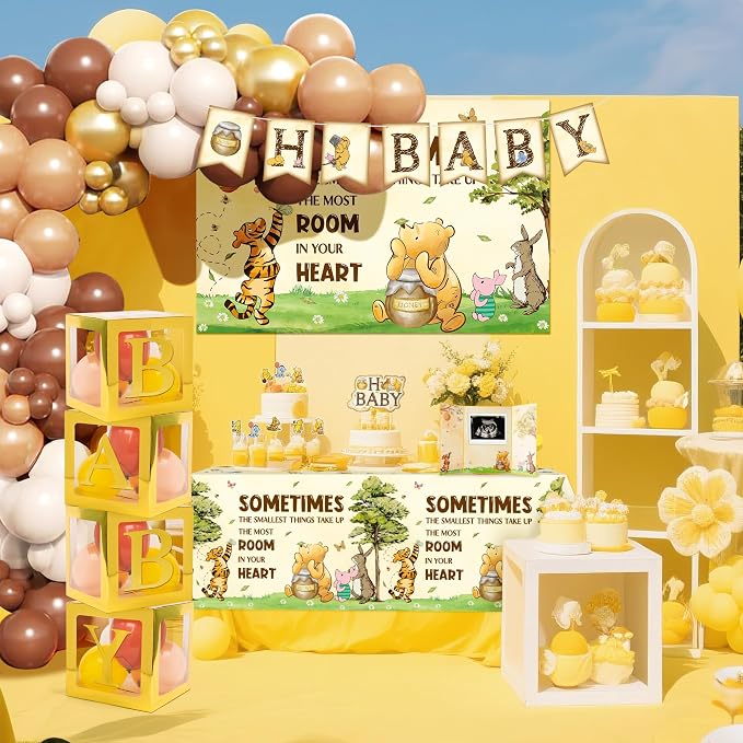 Winnie Baby Shower Decorations for Baby - Vintage Winnie Party Supplies Decorations Kit Includes Bear Backdrop Cake Topper Bear Tablecloth Balloon Arch Box Decoration for Girls Boys Baby Shower
