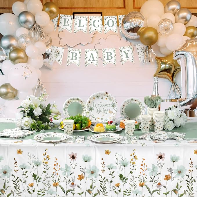 LemonRoad 128 Pcs Sage Green Floral Baby Shower Party Decorations for 25 Guests, Wildflower Welcome Baby Shower Paper Plates Napkins Cups Tablecloth Forks Banner for Spring Gender Reveal Party Supply