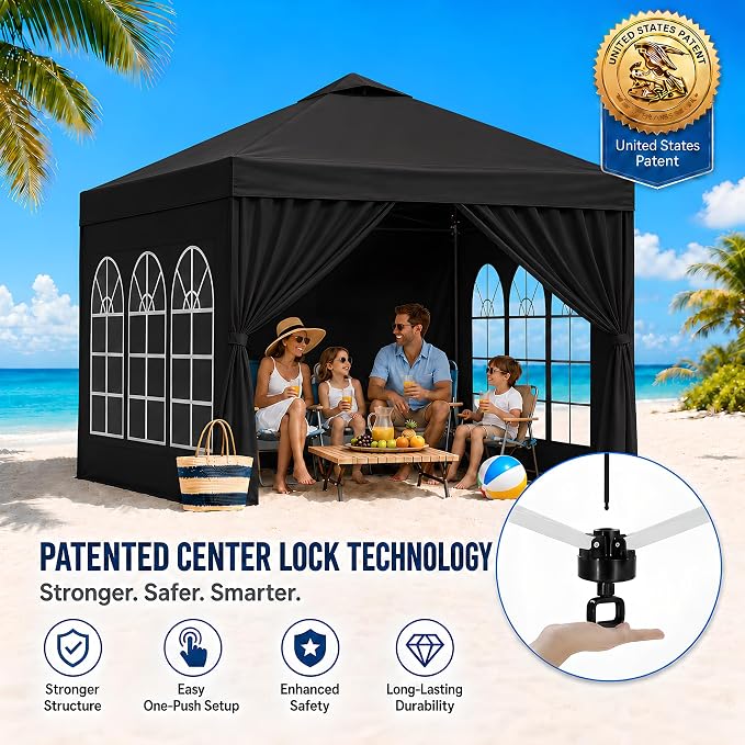 10x10 Pop Up Canopy with Sidewalls- Portable Sun Shade Beach Tent, Gazebo Heavy Duty with Cover Wheeled Bag, Ideal for Parties, Backyard, Camping (Black)