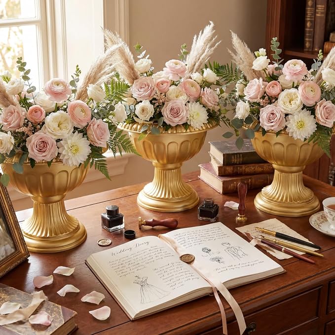 Vesici 12 Pcs Gold Urn Vase for Centerpieces Wedding Table Decoration Centerpieces Gold Compote Bowl Vase 6.48'' Wide 5.9'' High Vintage Plastic Flower Vases for Wedding Home Birthday Party Decor