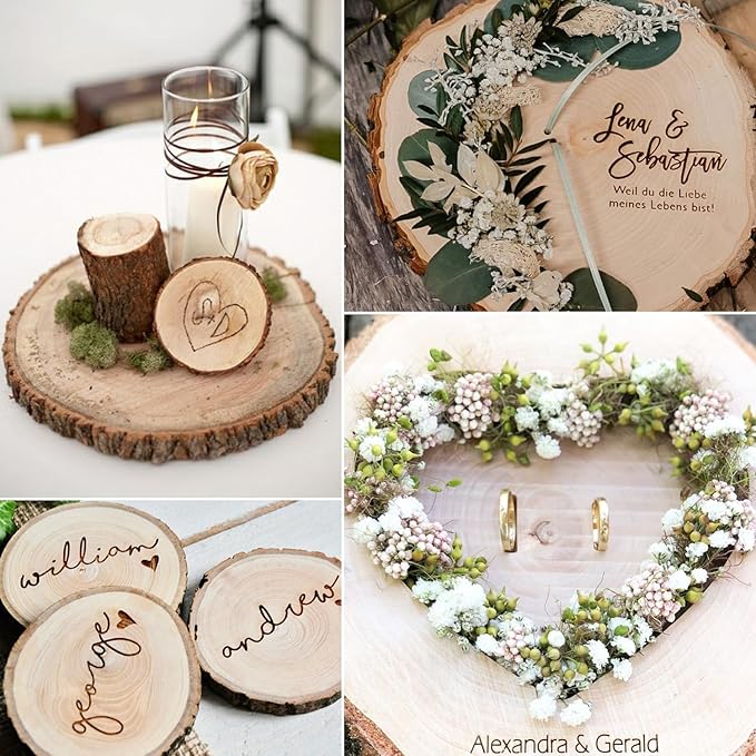 2 Pcs Wood Cake Stands Rustic,10-12 inch Round Log Slices for Centerpieces & DIY Craft, Natural Wooden Display Discs for Cupcakes, Pastries, Cheese, Desserts | Wedding, Birthday, Party Table Decor