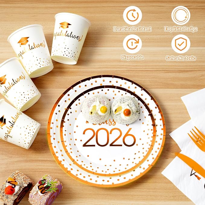 350pcs Class of 2026 Graduation Plates and Napkins Set, Disposable Paper Plate Set Polka Dots Napkins Cups Knife Fork Spoon for Graduation Party Decorations and Supplies,Serve 50 (White Orange)