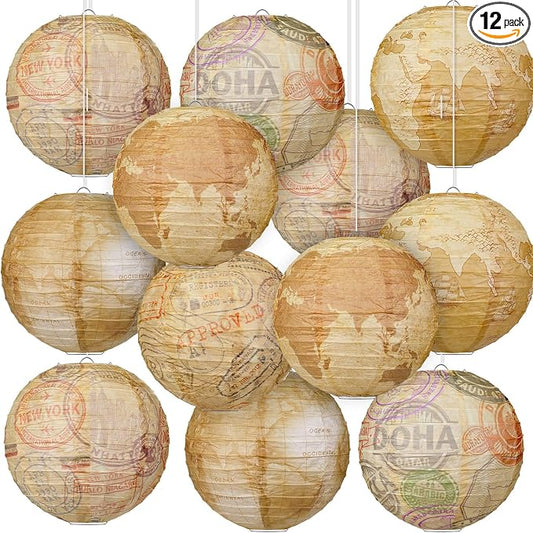 Panelee 12 Pcs Travel Themed Party Decorations Paper Lanterns 8 Inch Hanging Round Hanging Paper Party Decorations for Holiday Indoor Outdoor Supplies