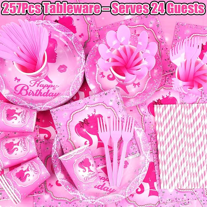 Pink Girls Birthday Party Decorations & Tableware Set | 257Pcs Serves 24 Guests, Includes Plates Cups Napkins Utensils Straws Tablecloth Cake Toppers Banner Hanging Swirls & Balloons (Pink Girls)