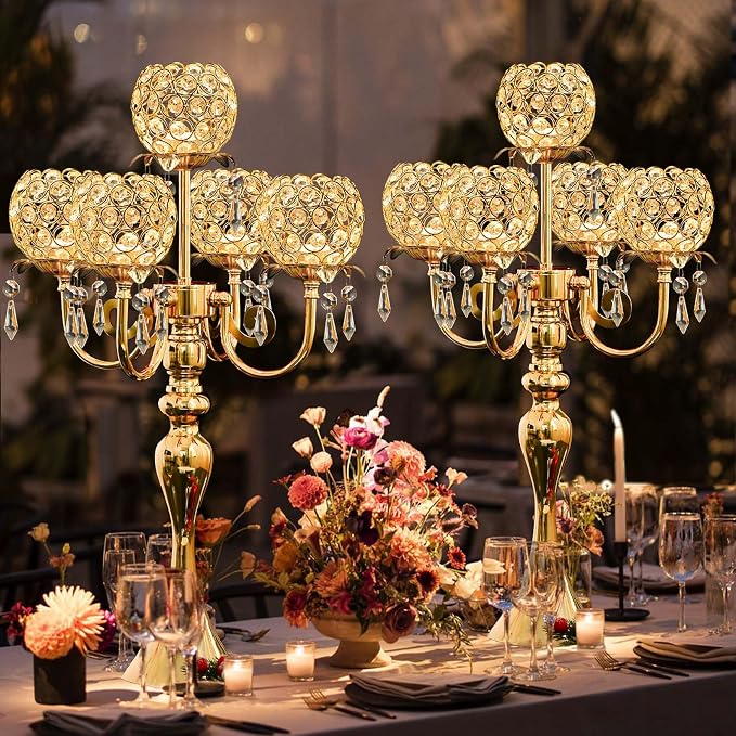 2Pcs Elegant 5-Arm Tea Light Crystal Candle Holder with Pendant Chain & Round Crystal Bowl - 22.5 Inch Tall Gold Wedding Table Centerpiece for Holiday Events, Parties & Home Decor