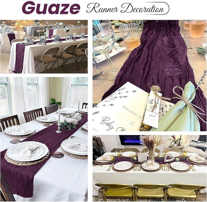 16 Pack Dark Purple Cheesecloth Table Runner 20 x 120 inch Gauze Table Runners 10 FT Long,Semi Sheer Boho Cheese Cloth Fabric Table Runner Bulk for Party,Wedding,Baby Shower,Bridal Shower Decoration