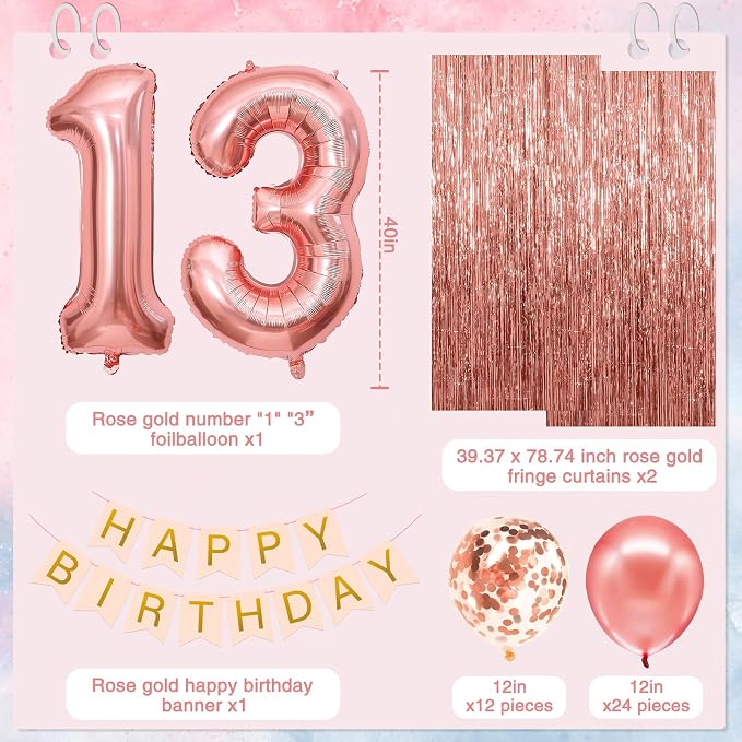 13th Birthday Decorations for Girls,13 Year Old Boxes Decor for Girls Women Happy official 13th teenager Birthday Kits Pink Rose Gold Number 13 Foil Balloons Party Supplies Rose Gold Tassel Curtain