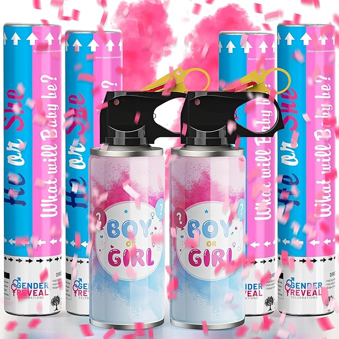 POPUPARTY 2 Pack Pink Gender Reveal Fire Extinguishers with 4 Pack Pink Confetti Cannons for Baby Girl Gender Reveal Party