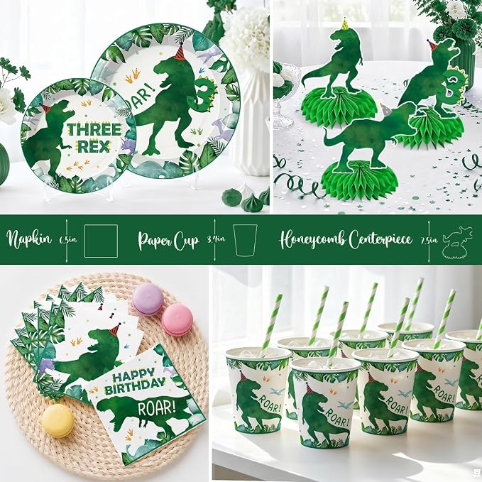 Xynic 209Pcs Three Rex Birthday Decorations Boy, All-in-One Party Supplies Includes Banner, Candle, Balloons, Plates and Napkins, Easy Setup Dinosaur 3rd Birthday, Serves 25