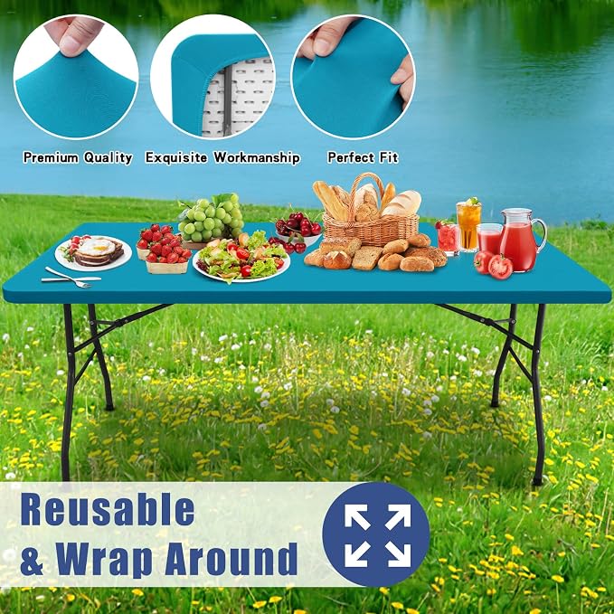 Moosfor Spandex 4 Foot Rectangle Table Cloth 6 Pack, Elastic Fitted Tablecloths for Picnic, Stretch Washable Patio Table Cover for Outdoor, Camping, Banquet and Parties (Teal, 30"x48")