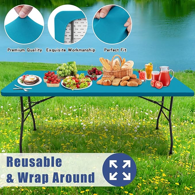 Moosfor Spandex 8 Foot Rectangle Table Cloth 6 Pack, Elastic Fitted Tablecloths for Picnic, Stretch Washable Patio Table Cover for Outdoor, Camping, Banquet and Parties (Teal, 30"x96")