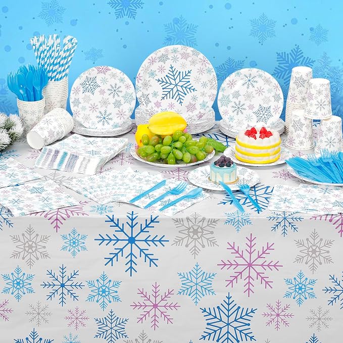 Funnymoom 452 Pcs Winter Decoration Wonderland Snowflake Party Supplies, Blue Pink Silver Snowflake Paper Plates Napkins Cups Tablecloth Cutlery Straws for Christmas Gender Reveal Baby Shower Party
