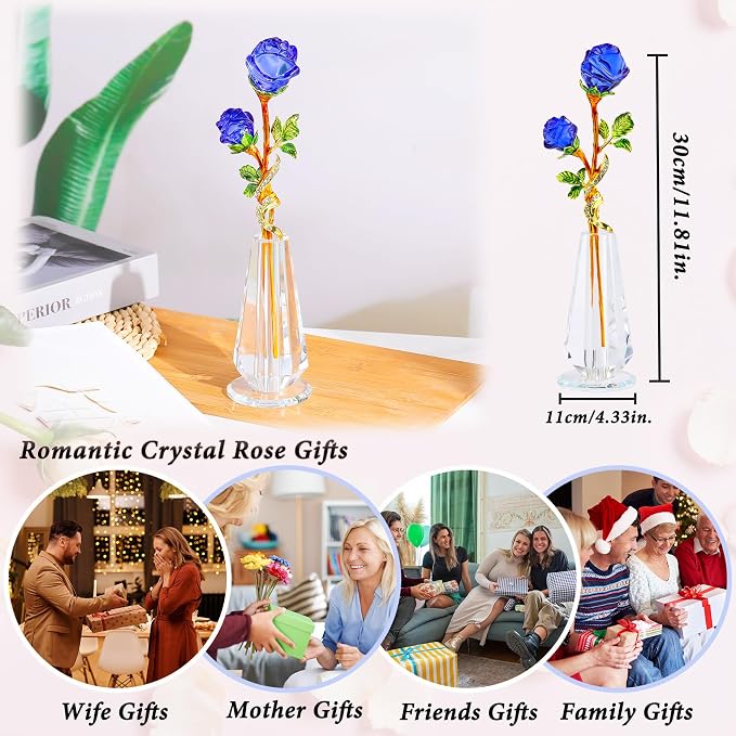 YWHL Handmade Crystal Blue Rose Flower Figurine with Vase, Bouquet Glass Flowers Ornament Rose Gifts for Girlfriend Sister Women, Crystal Flower Home Decor for Anniversary Mother's Day Wedding