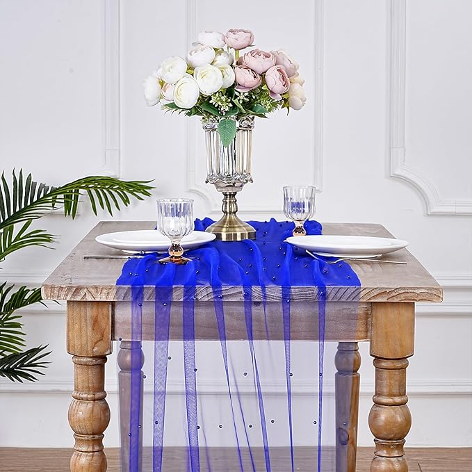 LuoluoHouse Pearl Tulle Table Runner Fabric: Dark Blue 10ft Wedding Veil Seasonal Dessert Chiffon Pearl Lace Boho Overlay Independence Day Wedding Aisle Runner Party Decorations Doilies