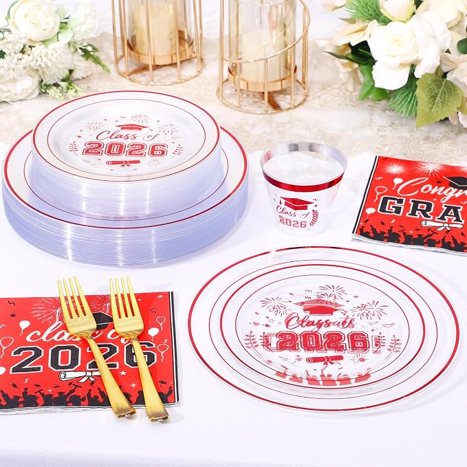 150 Pcs 2026 Graduation Plastic Plates with Disposable Silverware Serves 30 Guests, Red Clear Graduation Disposable Plates Including 30 Dinner&Dessert Plates, Cups, Napkins, Gold Forks for Party
