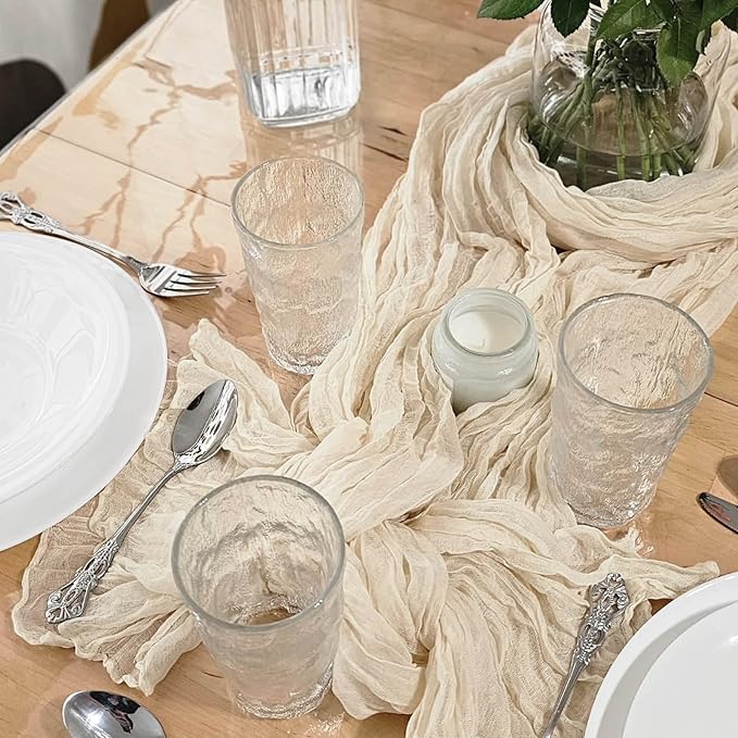 Beige Cheesecloth Table Runner 21x120 Inch Gauze Table Runners Reusable Polyester 10ft Boho Rustic Cheese Cloth Table Runner for Wedding Party Baby Shower Birthday