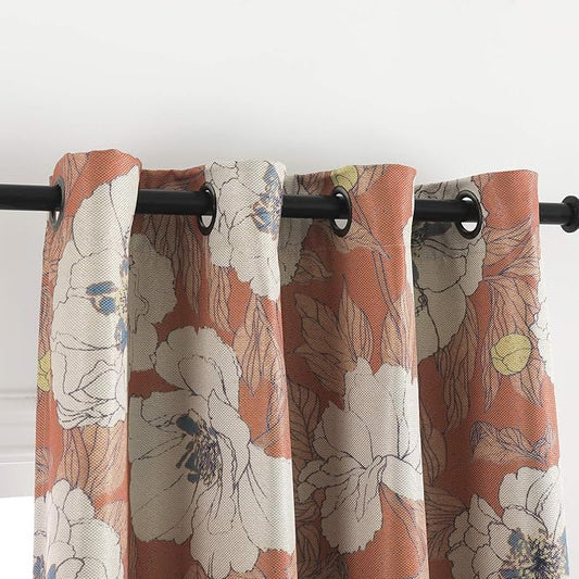 Taisier Home Stylish Faux Linen Curtains for Living Room/Bedroom | Privacy Added Light Reducing Flower Pattern Window Curtain Drapes (2 Panels) Grommet Top, 52x63 Inch, Orange