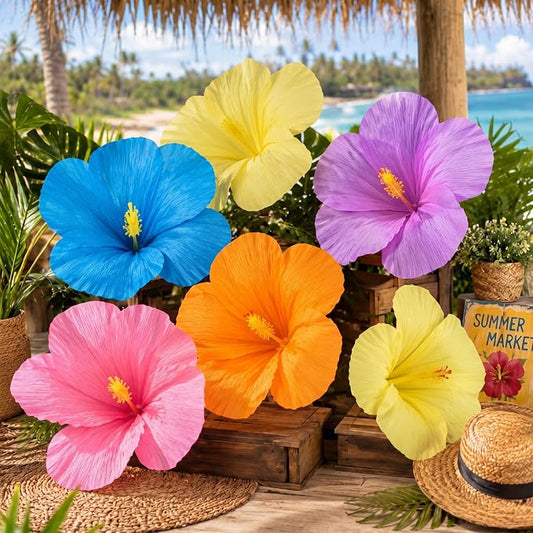 Giegxin 6 Pcs 12'', 16'' Large Hawaiian Hibiscus Paper Flowers Decorations for Wall Summer Luau Tissue Flowers Classroom Wedding Tropical Crepe Floral for Bridal Shower Mexican Fiesta Summer Birthday