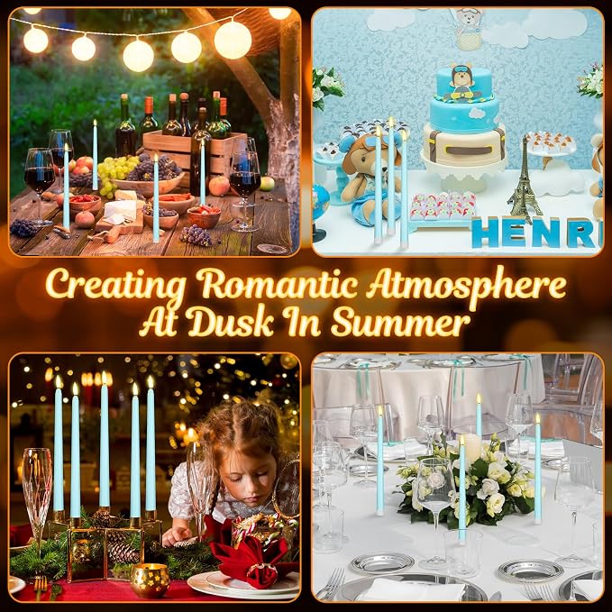 Macarrie 24 Packs Flameless Taper Candles Battery Operated Fake 11 Inch Long Candlelight LED Flameless Candlesticks Flickering Tapered for Summer Fall Wedding(Teal)