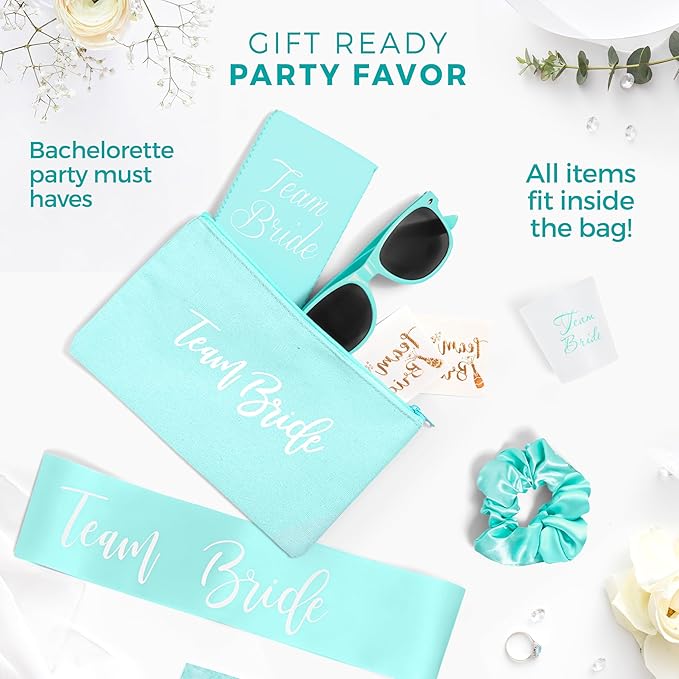 56 Piece Bachelorette Party Favors Kit – Bridesmaid Proposal Gifts & Bride-to-Be Accessories | Team Bride Decorations, Sashes, Sunglasses, Cups & More (Turquoise 7 Pack, 56)