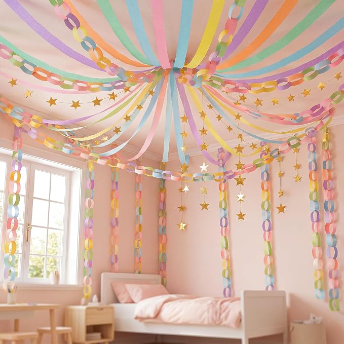 700 Sheet Macaron Paper Chain Strips and Star Garland Set, Pastel Paper Chains and 52 ft Gold Star Decor with 492 ft Crepe Paper Streamer for DIY Colorful Craft Birthday Wedding Theme Party