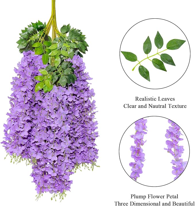 Pauwer Wisteria Hanging Flowers 24 Pack Fake Flower Garland Artificial Wisteria Vines Rattan Silk Flower String Wedding Party Wall Decorations,Purple