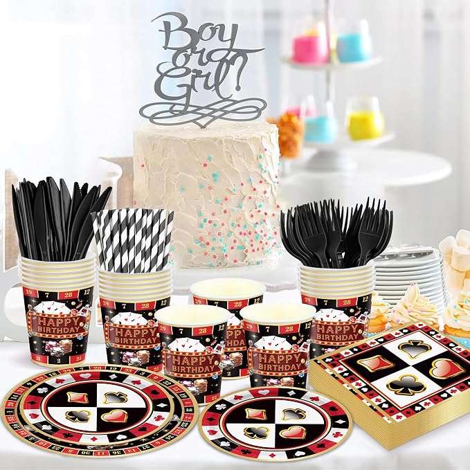 168PCS Casino Party Supplies for Girls Boys Kids Las Vegas Themed Happy Birthday Party Decorations Poker Paper Plates Napkin Cups Forks Knives Straw Tableware for 24 Guests