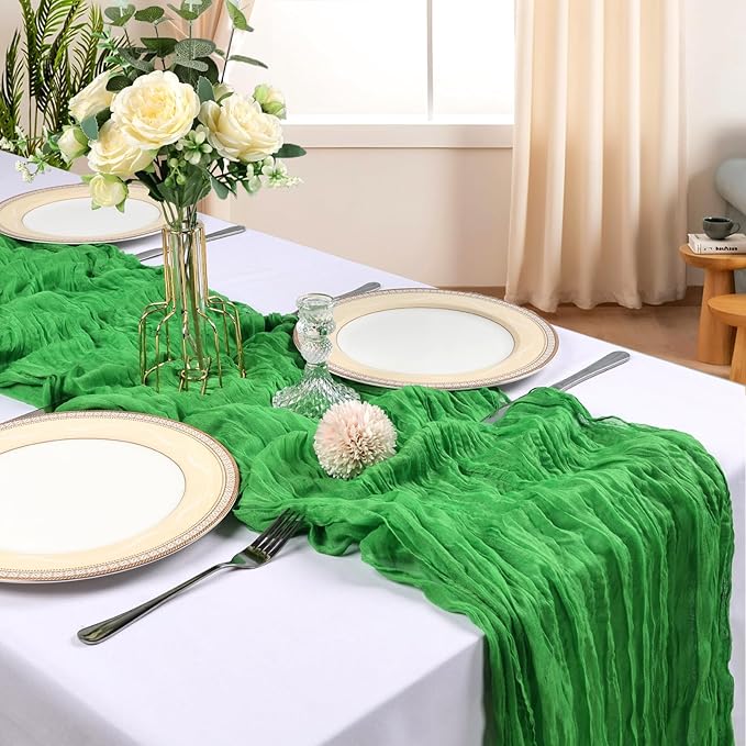 12 Pack 10FT Green Cheesecloth Table Runner 120 Inch Long Gauze Rustic Boho Spring Cheese Cloth Table Runner Sheer Fabric Decorations for Holiday Party Wedding Banquet Bridal Baby Shower Décor