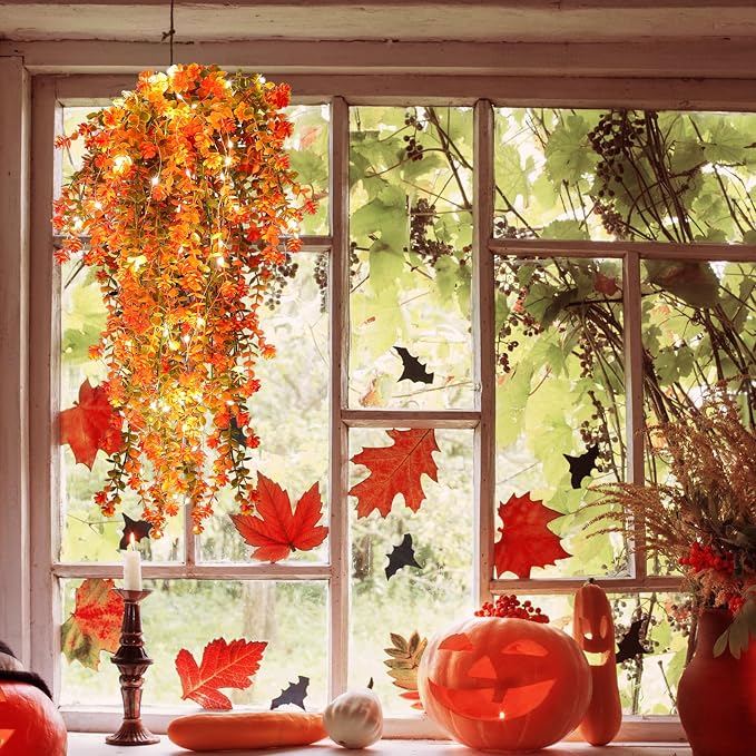 RECUTMS Fall Artificial Flowers - Faux Hanging Plants with Lights for Thanksgiving Indoor/Outdoor Wedding & Garden Party (Salmon)