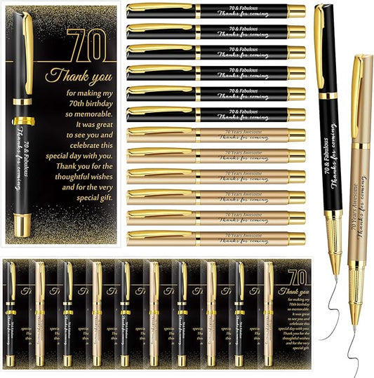 Feifeiya 30 Set 70th Birthday Party Favor for Guest Anniversary Party Favor with Black and Gold Ballpoint Pens and Thank You Cards for Women Men Birthday Anniversary Appreciation Gifts