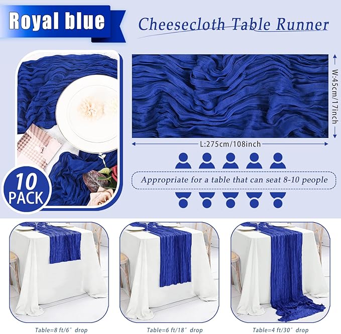 10 Pack Royal Blue Cheesecloth Table Runner 17x108 Inch Semi Sheer Boho Rustic Gauze Cheese Cloth Table Runners for Wedding Party Birthday Baby Shower Home Décor