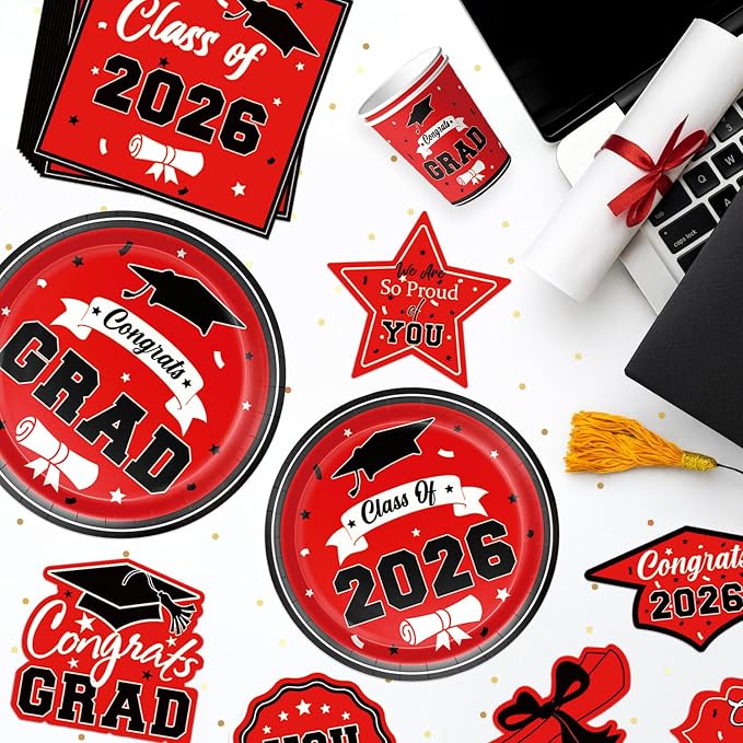 Leetous 2026 Graduation Party Decor Supplies Favors for Class, Red and Black Grad Plates Napkins Cups Tablecloth for College & High School, Disposable Tableware Accessories Kit Stuff for 25 Guests