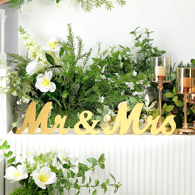 Yuntau Mr & Mrs Table Sign with Acrylic Mirror Wooden Freestanding Letters Sweetheart Table Decorations & Photo Props for Wedding Anniversary Parties Photo Props, Rustic Shower Gift(Gold)