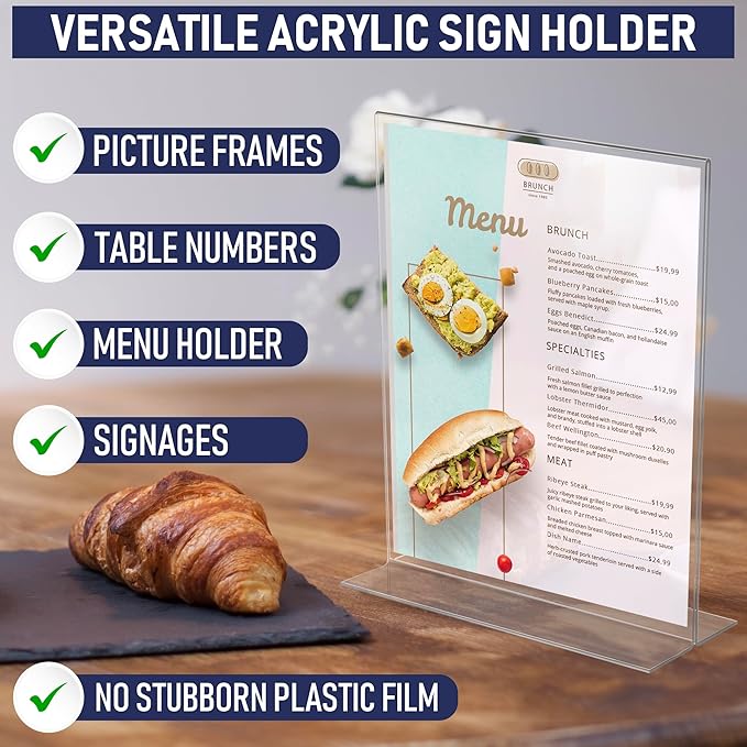 Acrylic Sign Holder 8.5 x 11 - Heavy Duty T-Shape Table Top Display Stand, Extra Wide 3-Inch Base, Double Sided Bottom Load, Crystal Clear Menu Holder: Restaurant, Office, Wedding, Trade Show (6 Pack)
