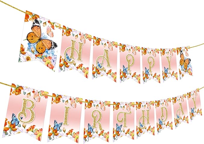 KatchOn, Glitter Butterfly Happy Birthday Banner - 2 String, Pre-Strung | Banner for Butterfly Birthday Decorations | birthday decorations for women