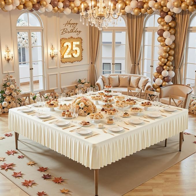Wish Care 2 Pack Ivory Spandex Tablecloths for 54x54 Inch Square Tables, Stretch Fitted Table Clothes with Pleated Ruffle Skirt for 54” Table, Wrinkle Free and Elastic, for Party Kitchen Home Dining