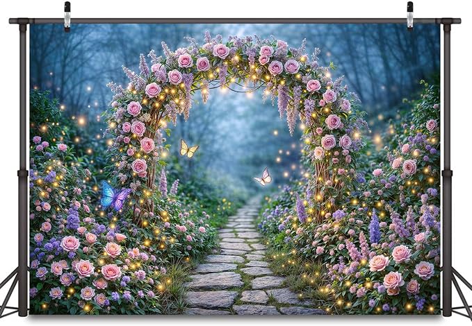 10x8ft Enchanted Forest Backdrop Fairy Tale Magic Garden Floral Arch Butterfly Photography Background for Kids Girls Baby Shower Birthday Party Decoration Photo Booth Props