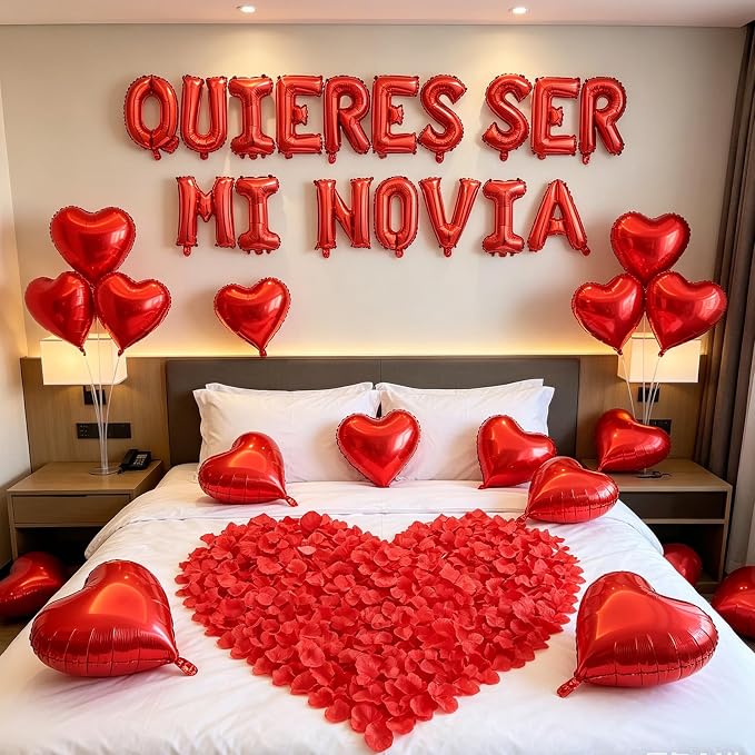 2 Set Red QUIERES SER MI NOVIA Balloons - 1200pcs Red Artificial Rose Petals 34pcs 16" Letter Balloon 10pcs 18" Heart Balloons Alphabet Foil Mylar Balloon for Valentines Day Decorations