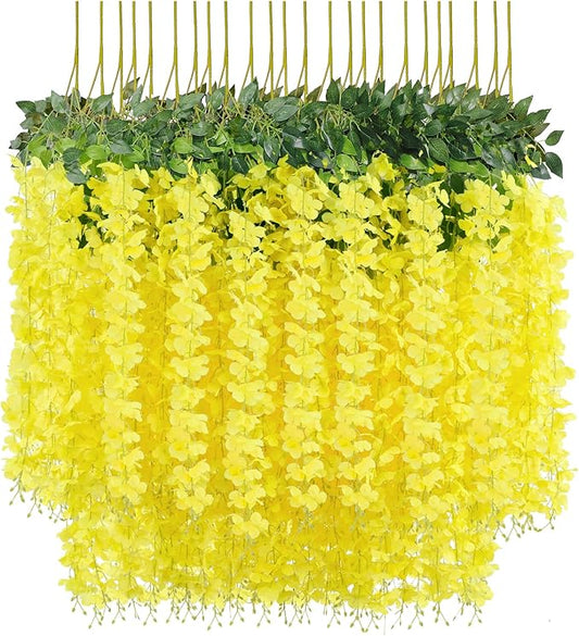 U'Artlines 24 Pack (Total 86.4 Feet) Artificial Fake Wisteria Vine Rattan Hanging Garland Silk Flowers String Home Party Wedding Decor (24,Yellow)