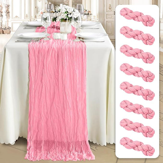 Cheesecloth Table Runner 8 Pack – 35x120 Inch (10ft) Boho Rustic Gauze Cloth Runners – Crinkle Polyester Table Decor for Wedding, Baby Shower, Bridal Shower, Birthday Party and More (Pink)