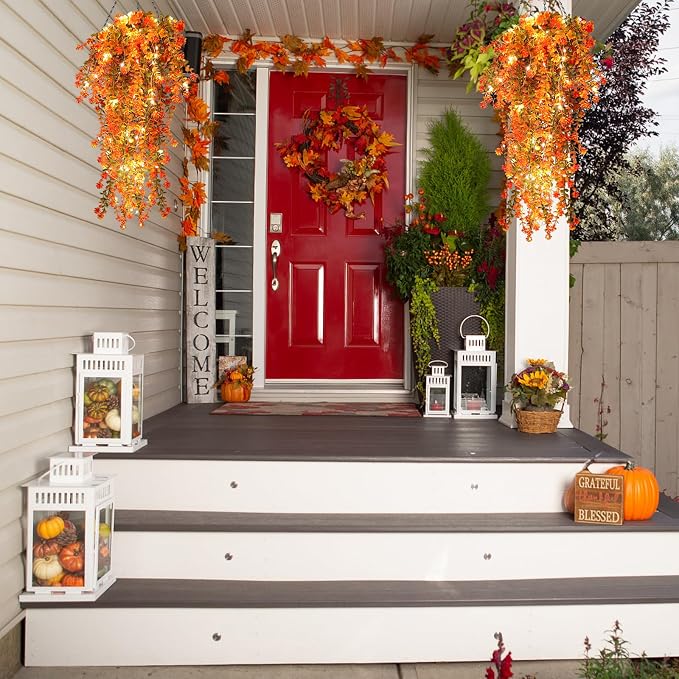 RECUTMS Fall Artificial Flowers - Faux Hanging Plants with Lights for Thanksgiving Indoor/Outdoor Wedding & Garden Party (Salmon)