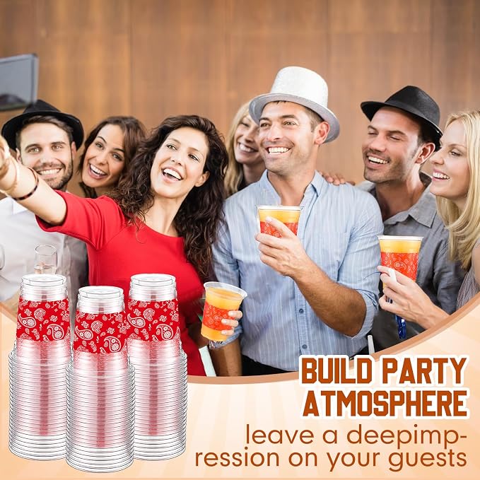 Funnymoom 60 Pack Western Cowboy Cups 12 oz Red Bandana Disposable Clear Plastic Cups for Western Cowboy Birthday Party Decoration Supplies