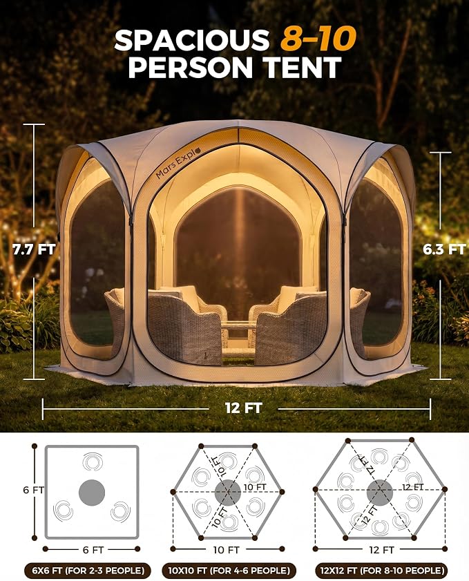 12x12 FT Pop-Up Screen Tent, Portable Screen Room Canopy with Zipper Doors for Patio, Backyard, Deck & Outdoor Activities, Beige